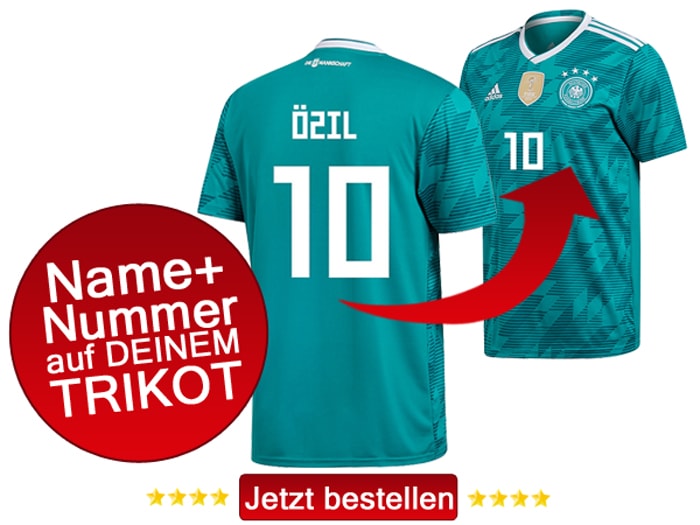 Das neue grüne Awaytrikot 2018 von adidas, hier mit Beflockung von Mesut Özil mit der Rückennummer 10.