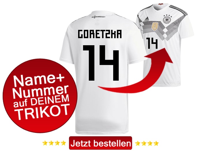 Das neue DFB Trikot mit Beflockung von Leon Goretzka mit der Nummer 14 kaufen.