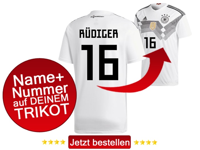 Das neue DFB Trikot mit Beflockung von Antonio Rüdiger mit der Nummer 16 kaufen.