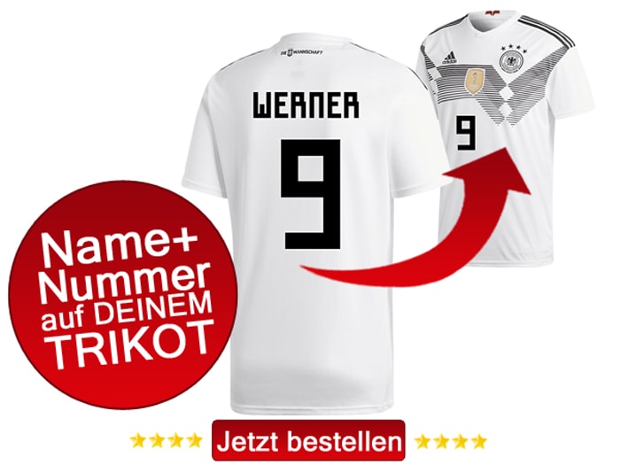 Das neue DFB Trikot mit Beflockung von Timo Werner mit der Nummer 9 kaufen.