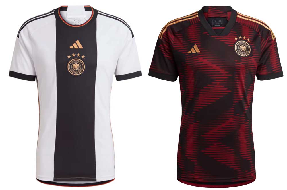 Die neuen DFB Trikots 2022 für Katar - links das Heimtrikot, rechts das Awaytrikot 2022