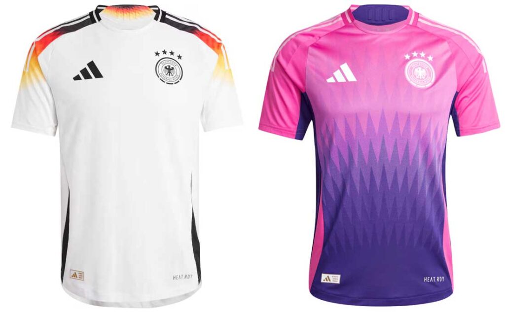 Die neuen DFB EM Trikots 2024 als Heimtrikot in weiß und als Awaytrikot in pink-lila 2024 von adidas.